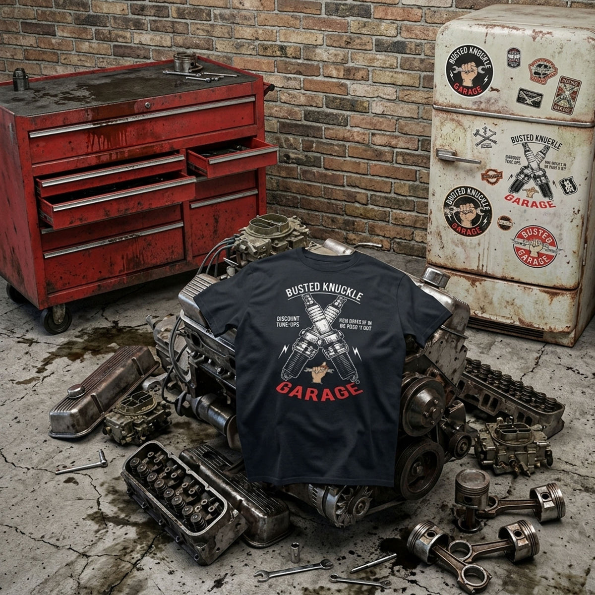 Busted Knuckle Garage Carguy Tune-Up Front Print T-Shirt