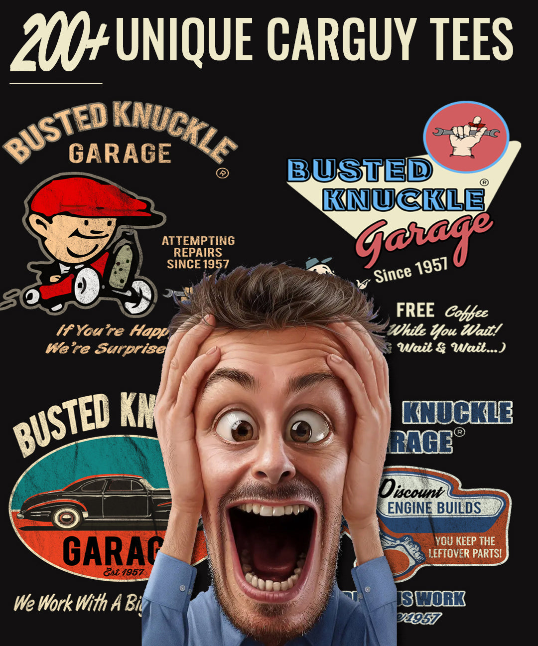 Busted Knuckle Garage Carguy Offroad Rock Bouncer Front Print T-Shirt