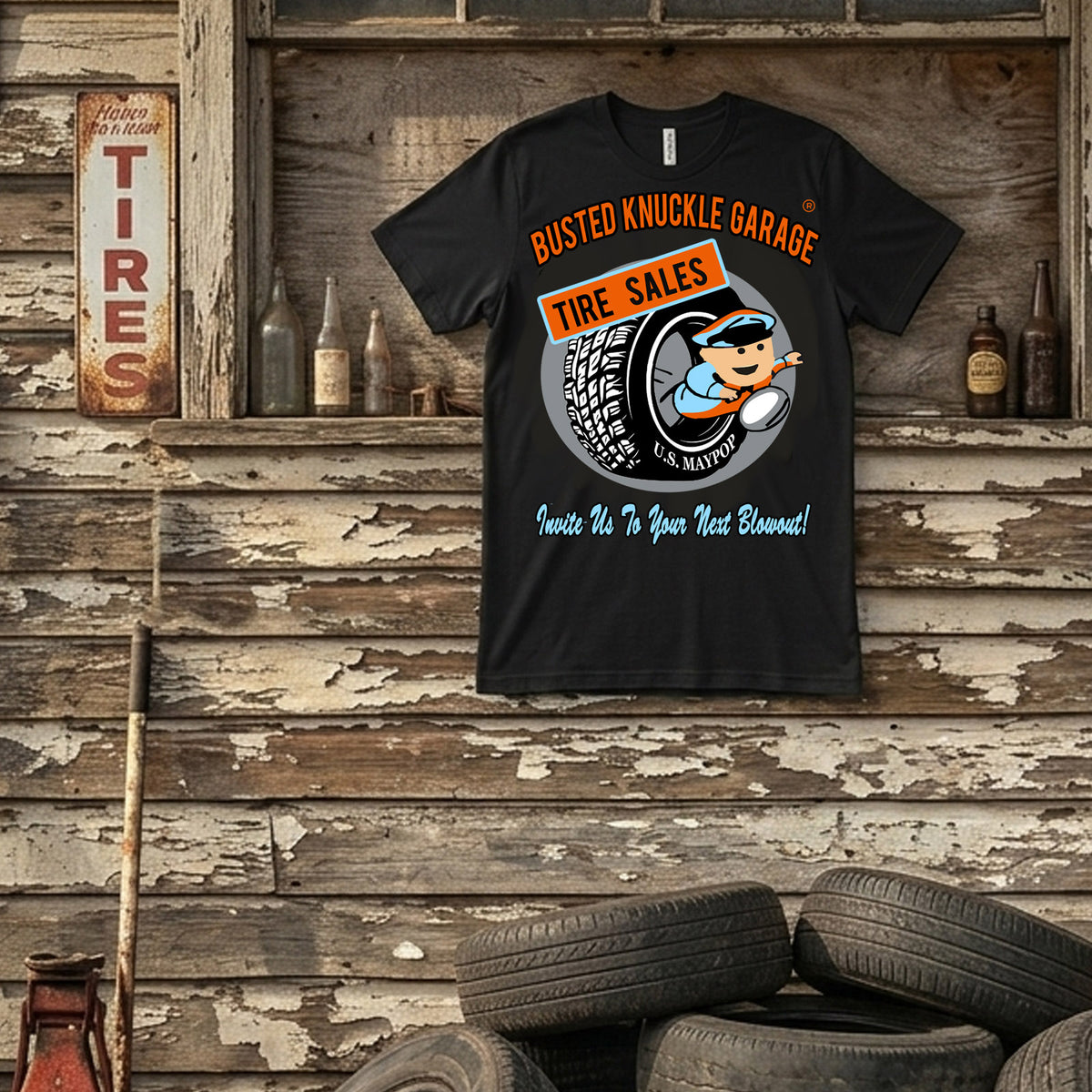 Busted Knuckle Garage Tire Repair Shop Front Print T-Shirt