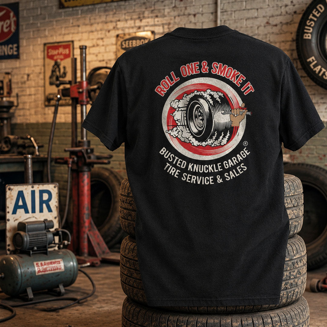 Busted Knuckle Garage Carguy Smokin' Tire Front Print T-Shirt