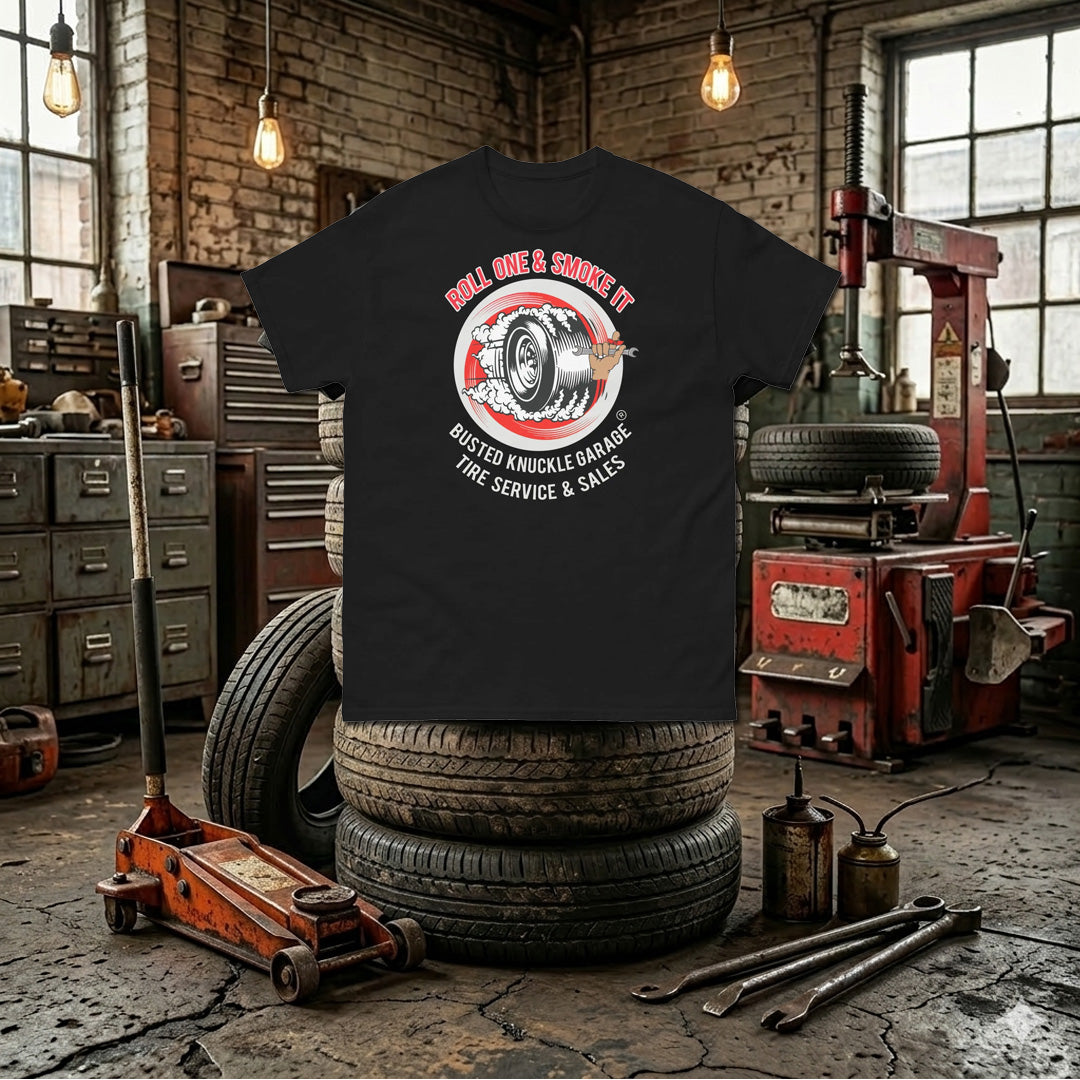Busted Knuckle Garage Carguy Smokin' Tire Front Print T-Shirt