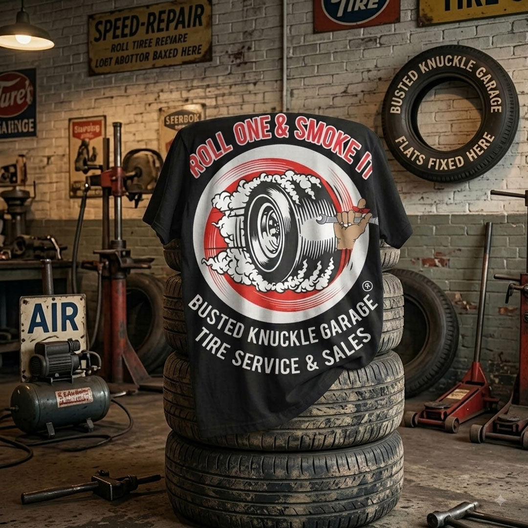 Busted Knuckle Garage Carguy Smokin' Tire Front Print T-Shirt