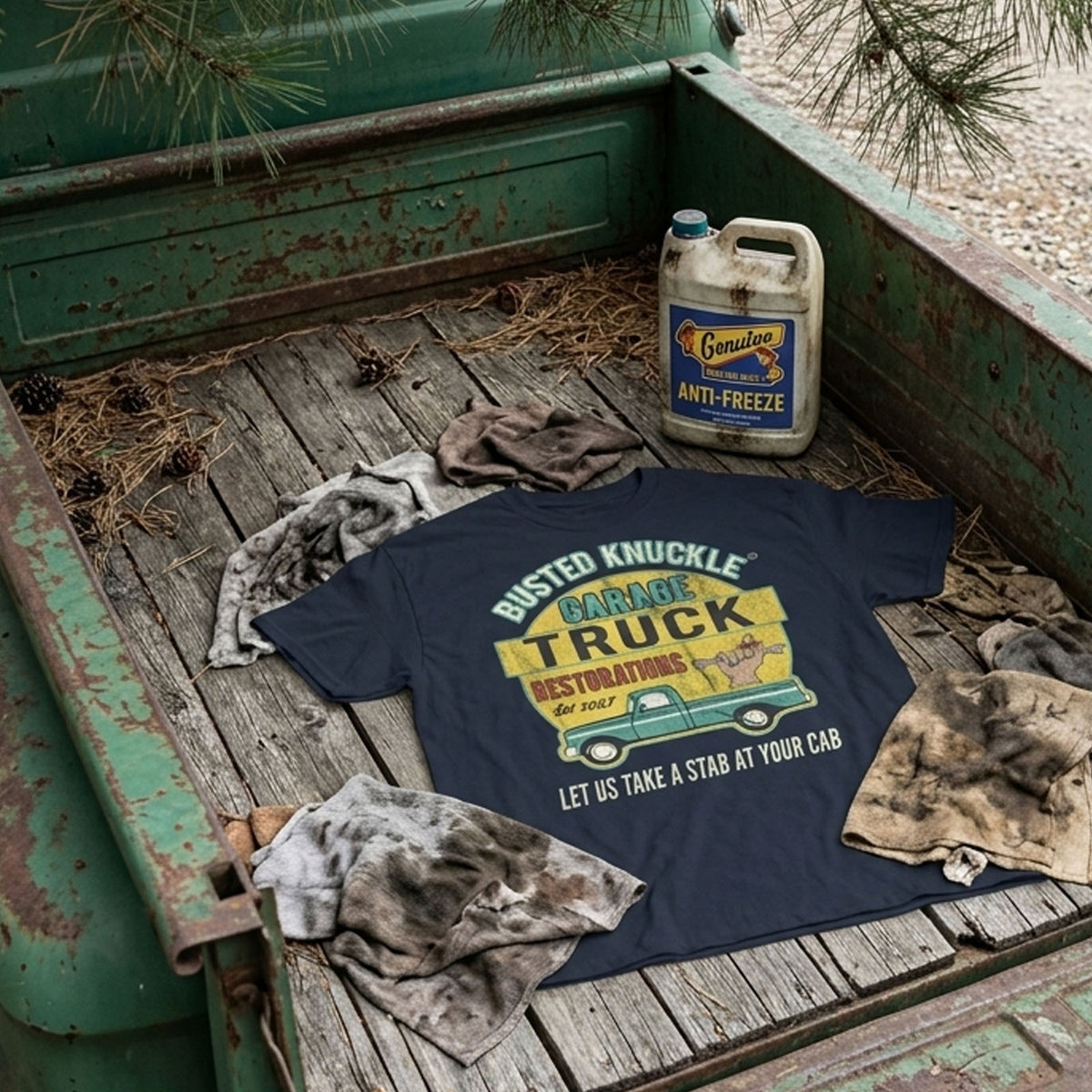 Busted Knuckle Garage Carguy Vintage Pickup Truck Front Print T-Shirt