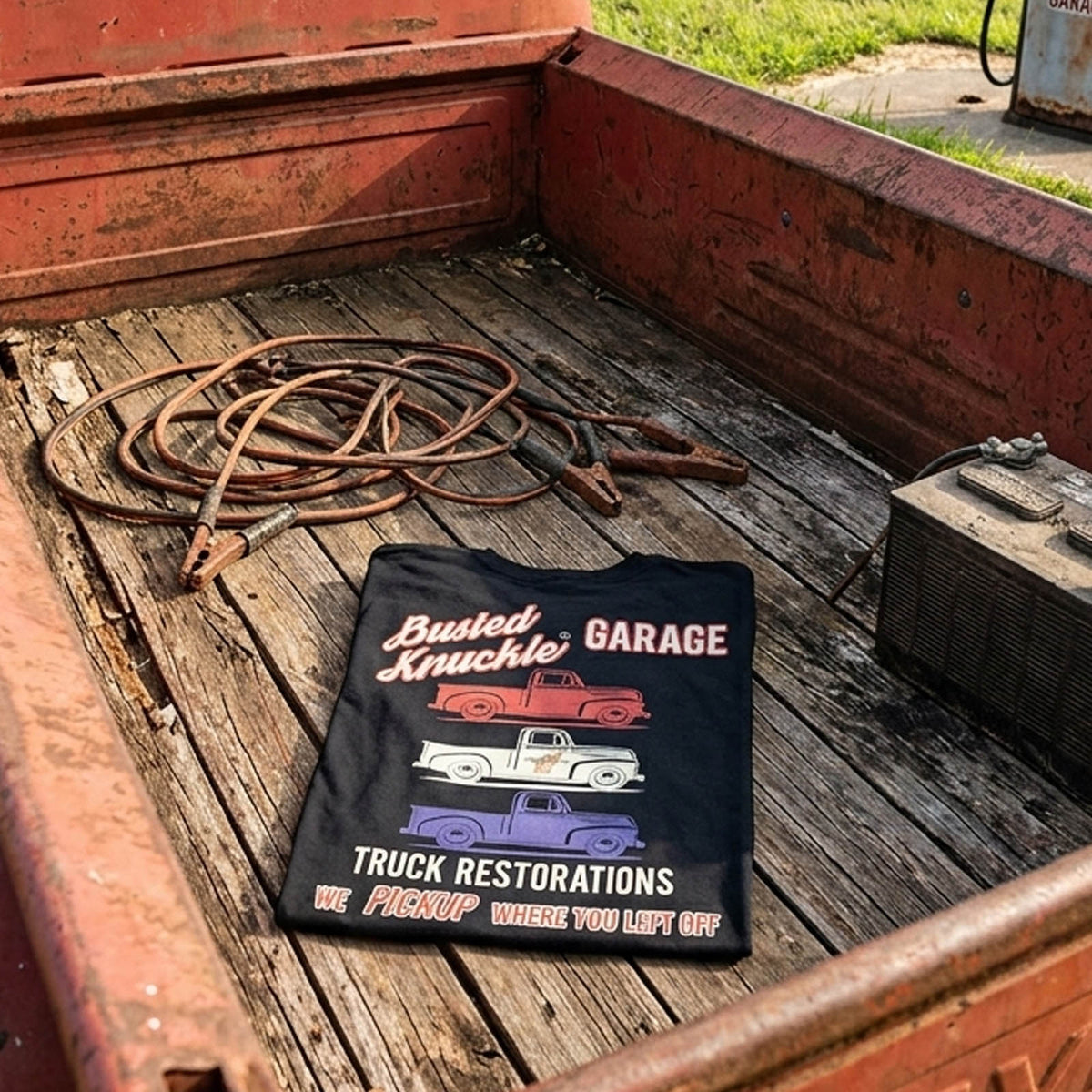 Busted Knuckle Garage Carguy Truck Restorations Front Print T-Shirt
