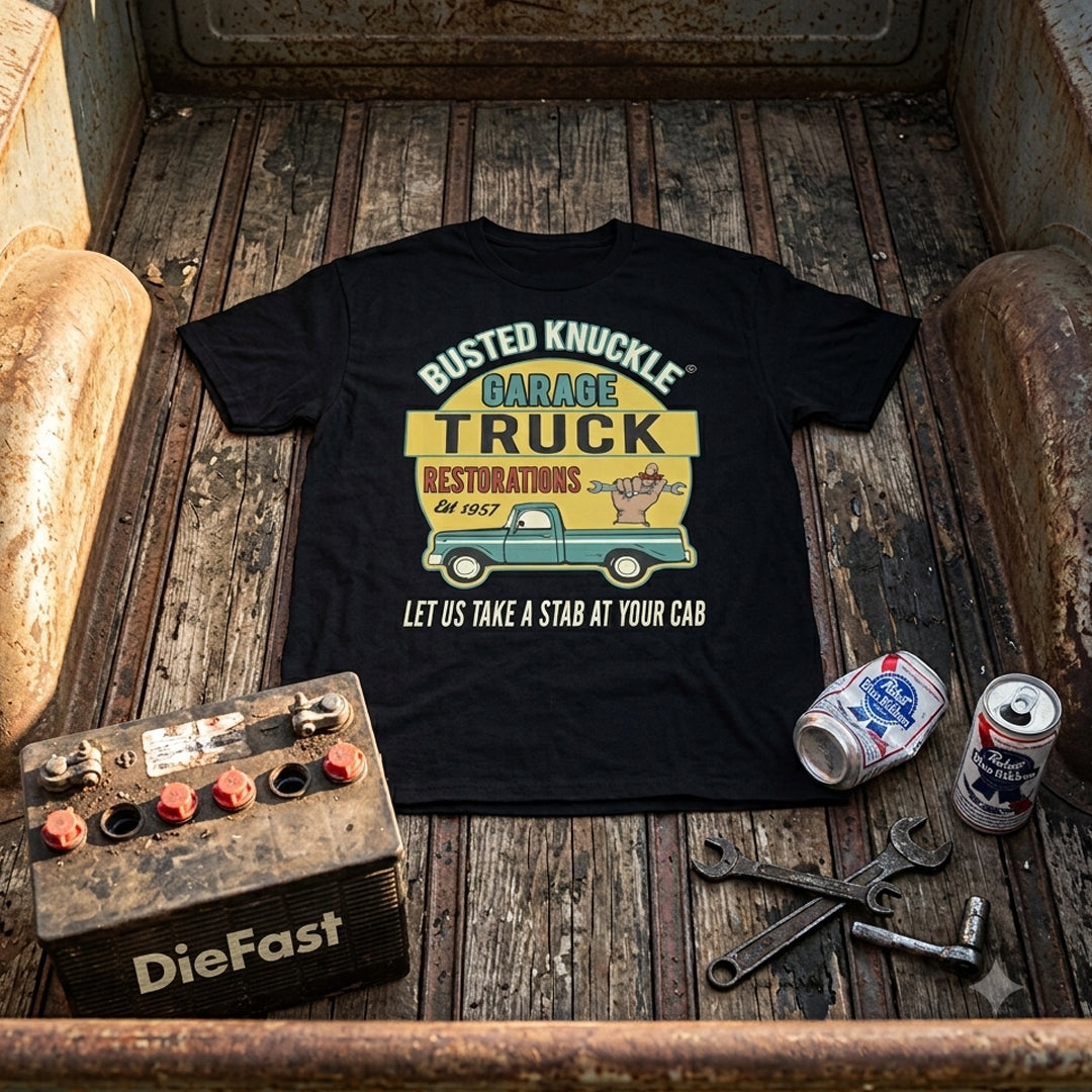 Busted Knuckle Garage Carguy Truck Restorations Front Print T-Shirt
