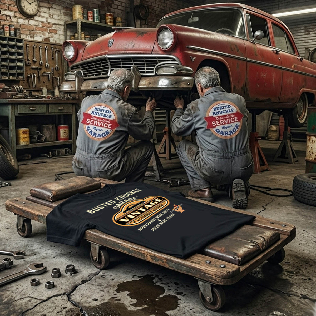 Busted Knuckle Garage Carguy Vintage Mechanic Front Print T-Shirt