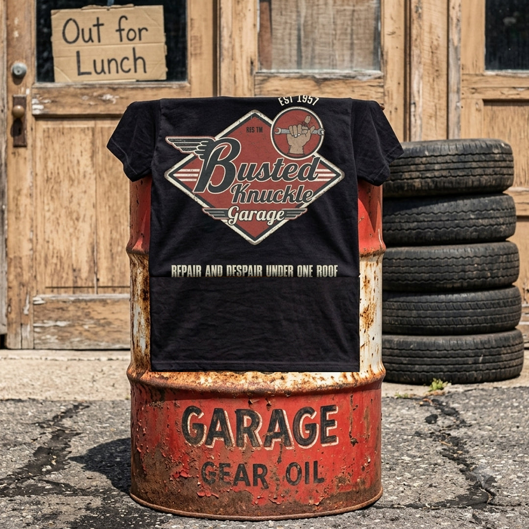 Busted Knuckle Garage Carguy Vintage Winged Logo Front Print T-Shirt