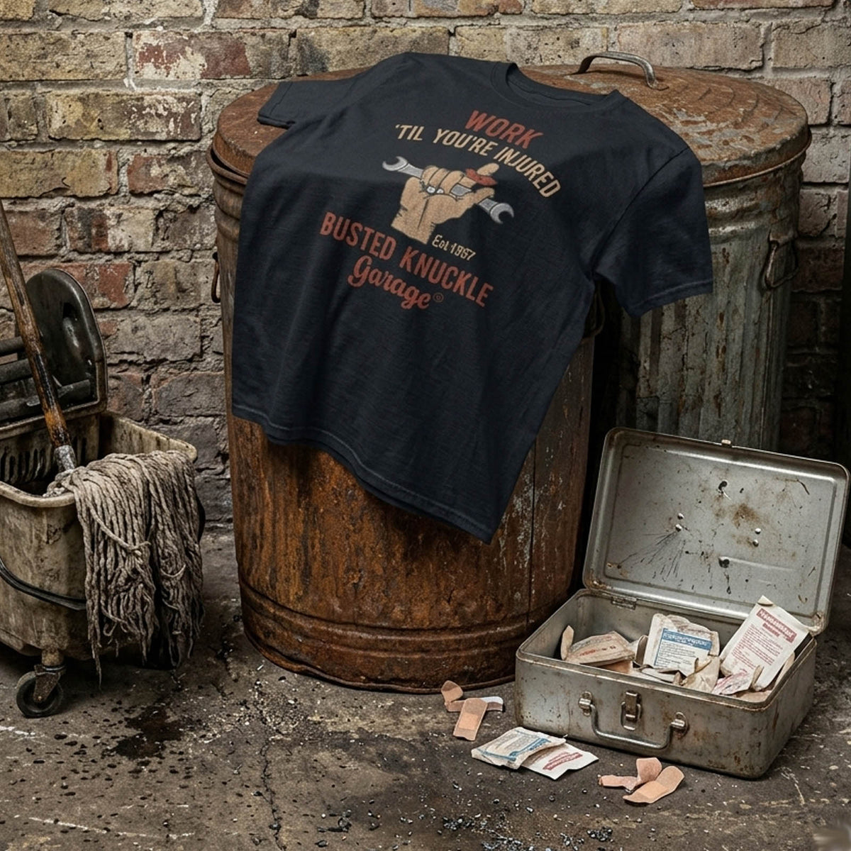Busted Knuckle Garage Carguy Mechanic Work Injury Front Print T-Shirt