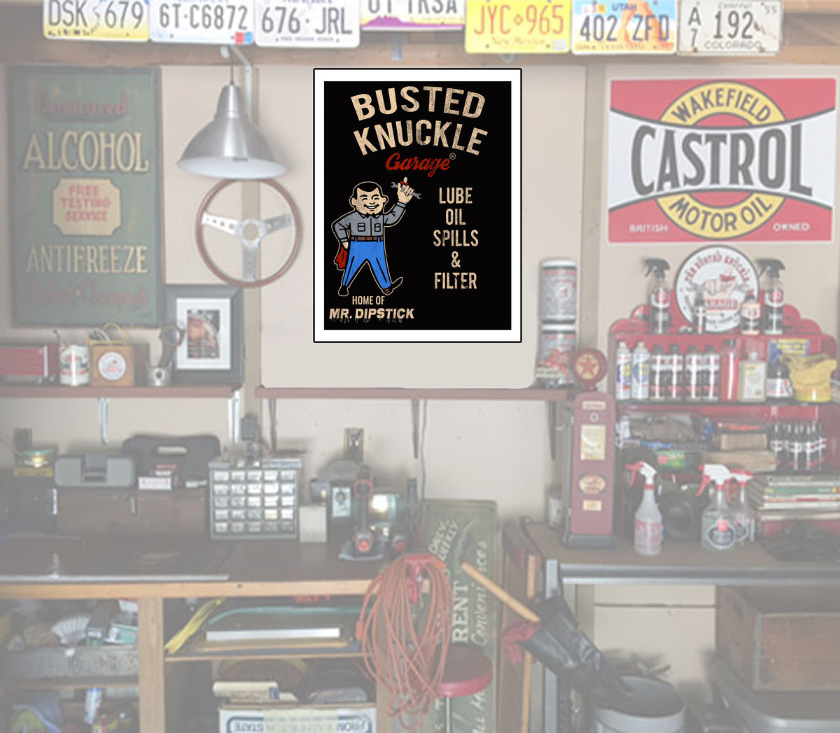 Busted Knuckle Garage Carguy Mr. Dipstick Oil Change Wall Poster