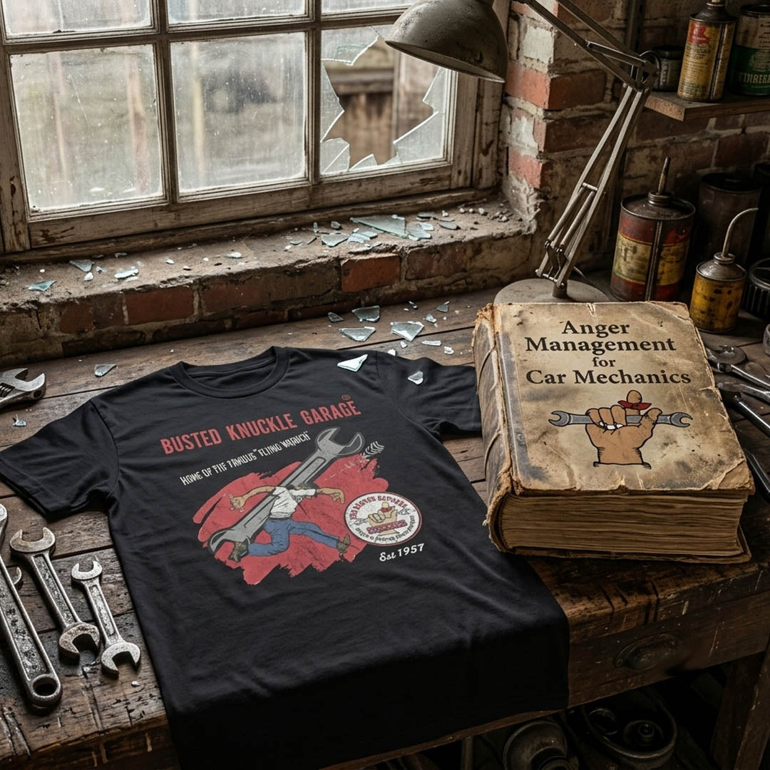 Busted Knuckle Garage Carguy Wrench Throwing Front Print T-Shirt