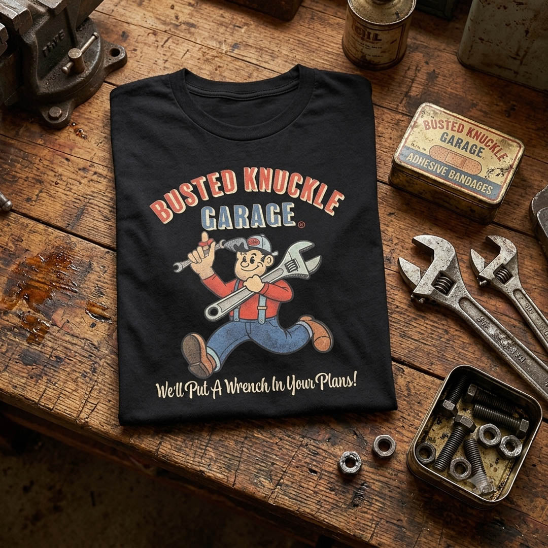 Busted Knuckle Garage Carguy Adjustable Wrench Front Print T-Shirt