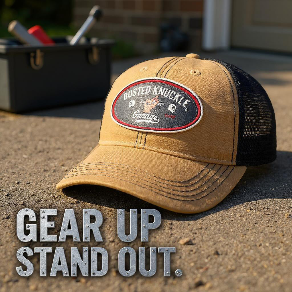 Busted Knuckle Garage Car Guy Vintage Style Trucker Ball Cap / Khaki on Black