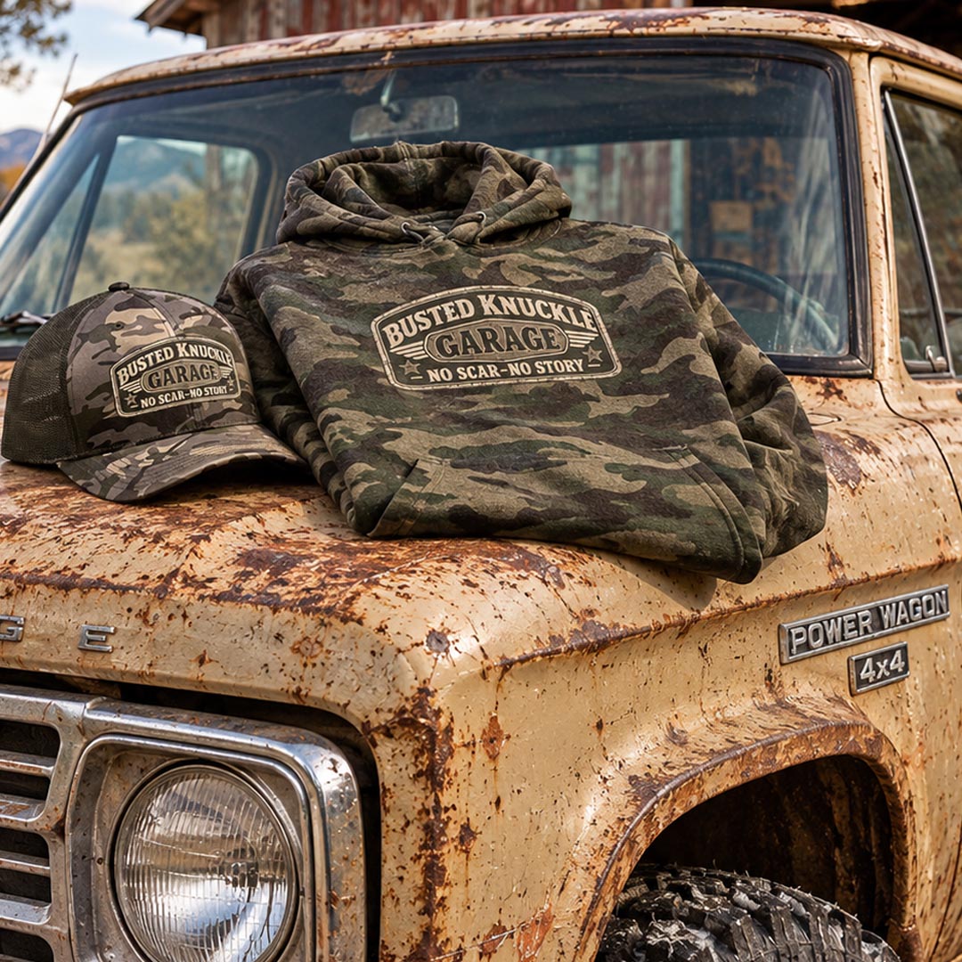 Busted Knuckle Garage Carguy Mechanic Camo Trucker Cap