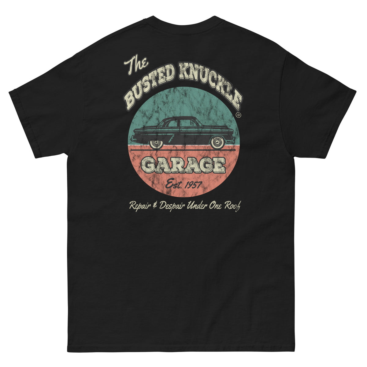 Busted Knuckle Garage Carguy Repair &amp; Despair Two-Sided Car Guy T-Shirt