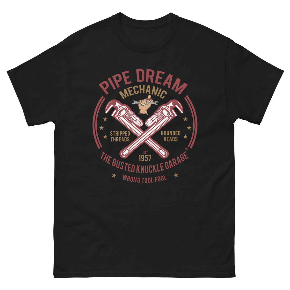 Busted Knuckle Garage Carguy Pipe Dream Mechanic Front Print T-Shirt