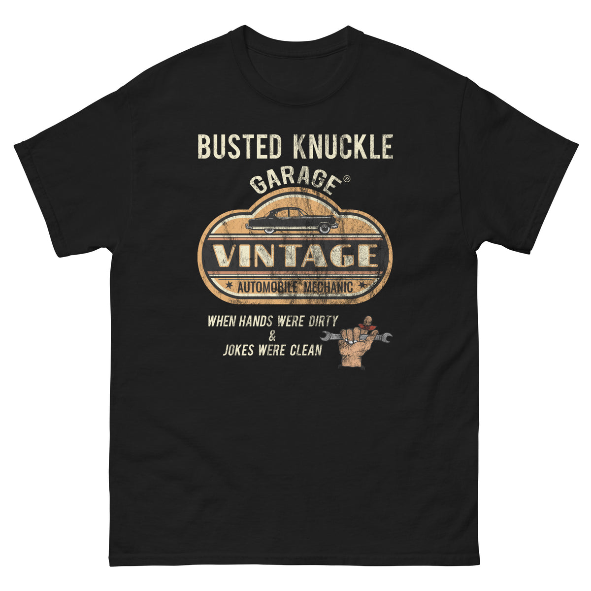 Busted Knuckle Garage Carguy Vintage Mechanic Front Print T-Shirt