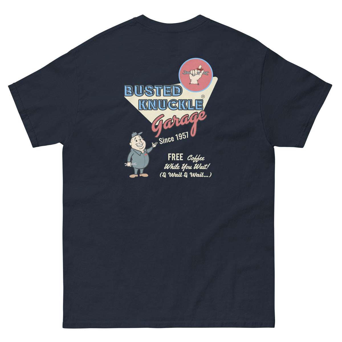 Busted Knuckle Garage Carguy &quot;Free Shop Coffee&quot; Two-Sided T-Shirt