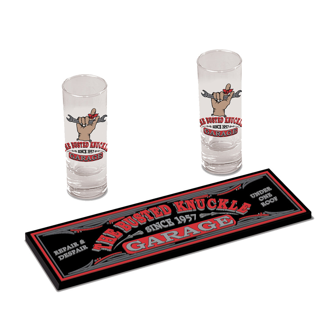 Busted Knuckle Garage Car Guy Shot Glass Gift Set with Rubber Mat