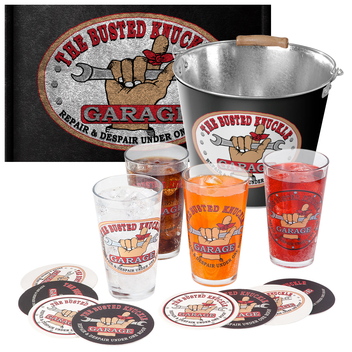 Busted Knuckle Garage Car Guy Party Bucket Set with Pub Glasses &amp; Coasters