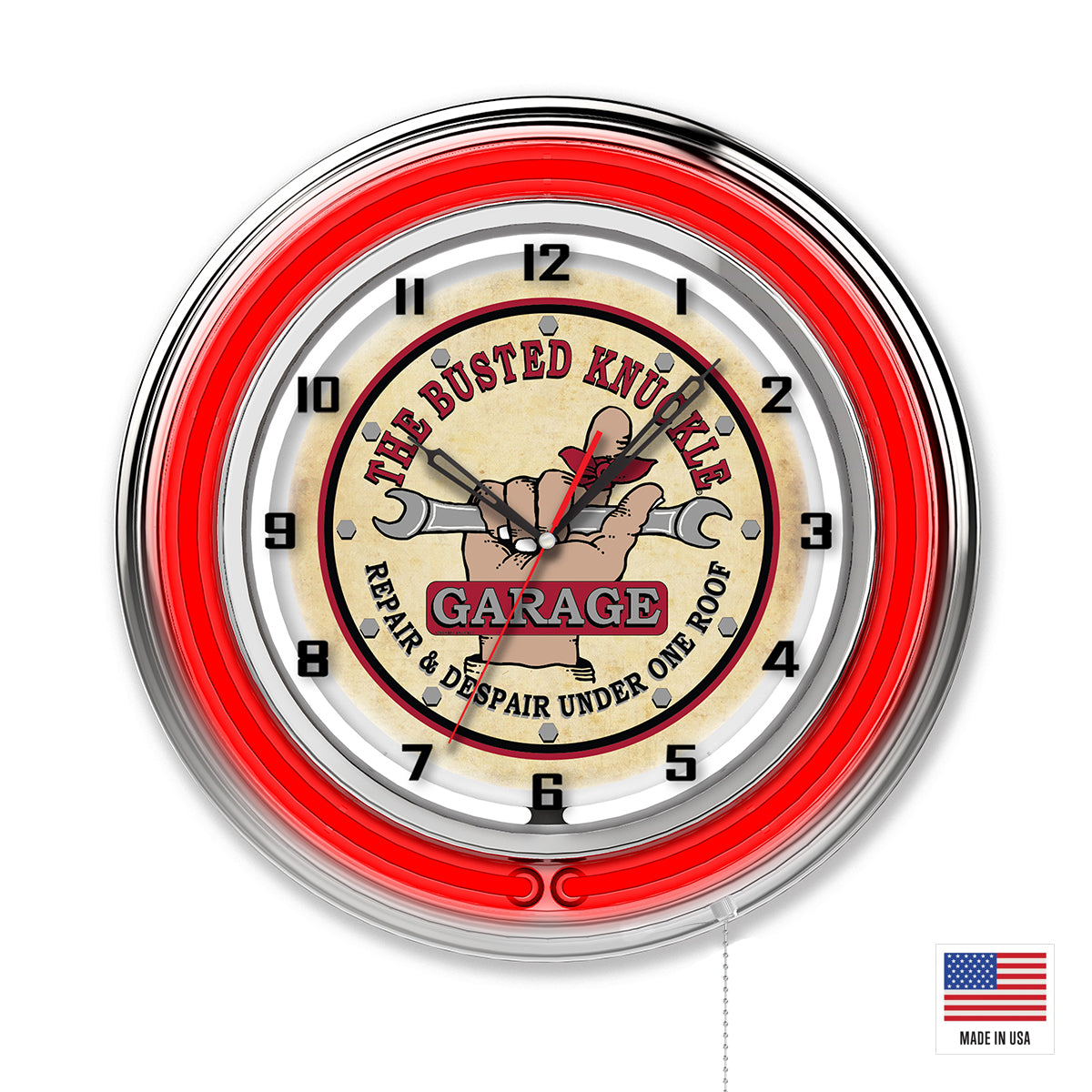 Busted Knuckle Garage Vintage Style Shop Clock - Red Neon