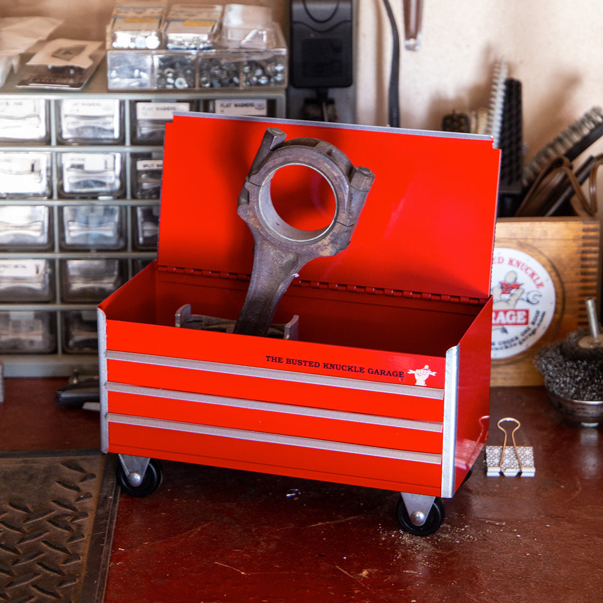 Miniature Desktop Steel Toolbox flips open for workbench hardware, desk items &amp; more!
