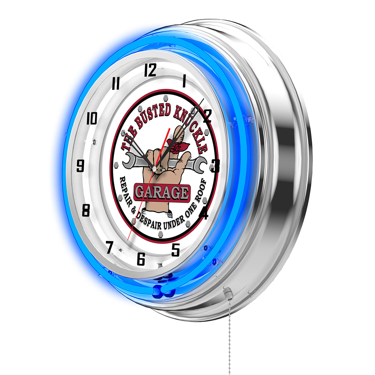 Busted Knuckle White Logo Clock - Blue Neon