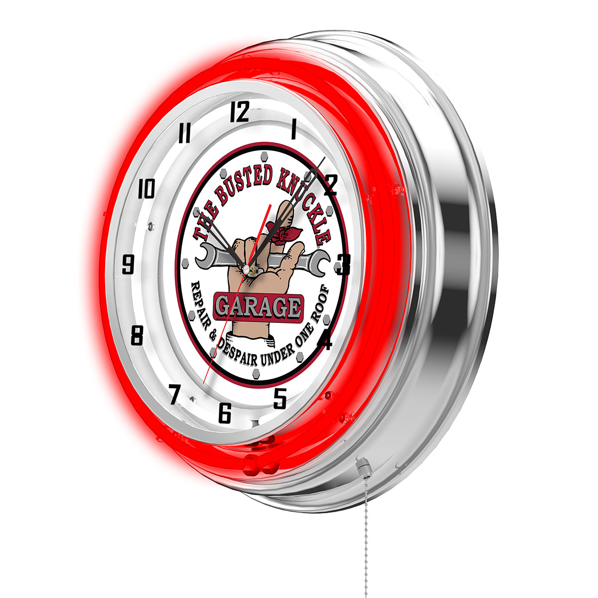 Busted Knuckle White Logo Clock - Red Neon