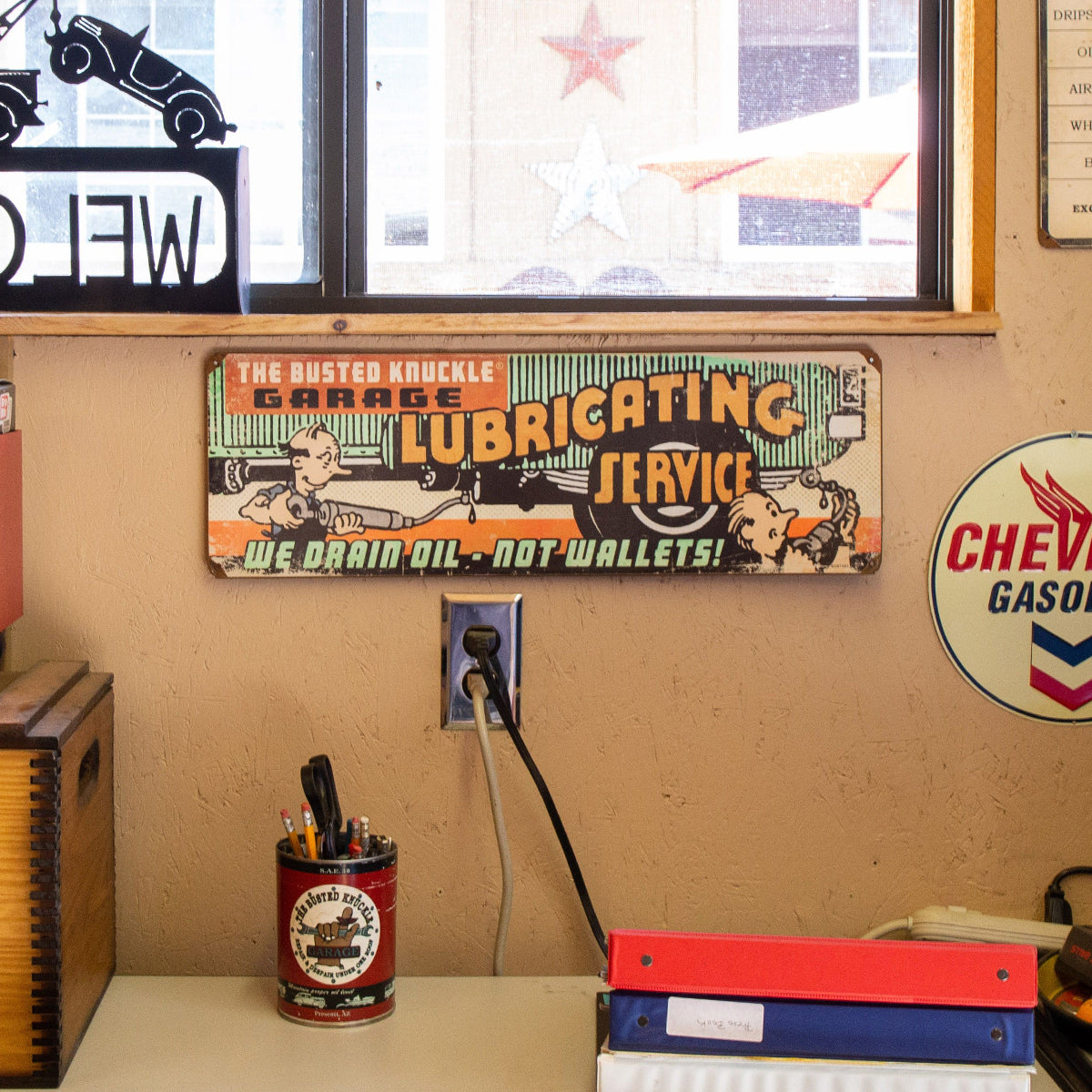 Busted Knuckle Garage Lubrication Service Vintage Metal Shop Sign