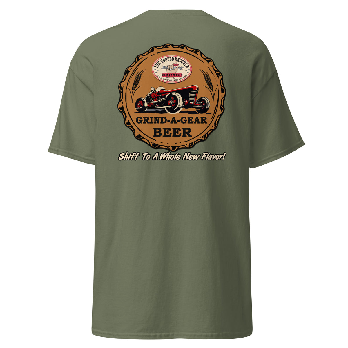 Busted Knuckle Garage Two-Sided Grind-A-Gear Beer T-Shirt