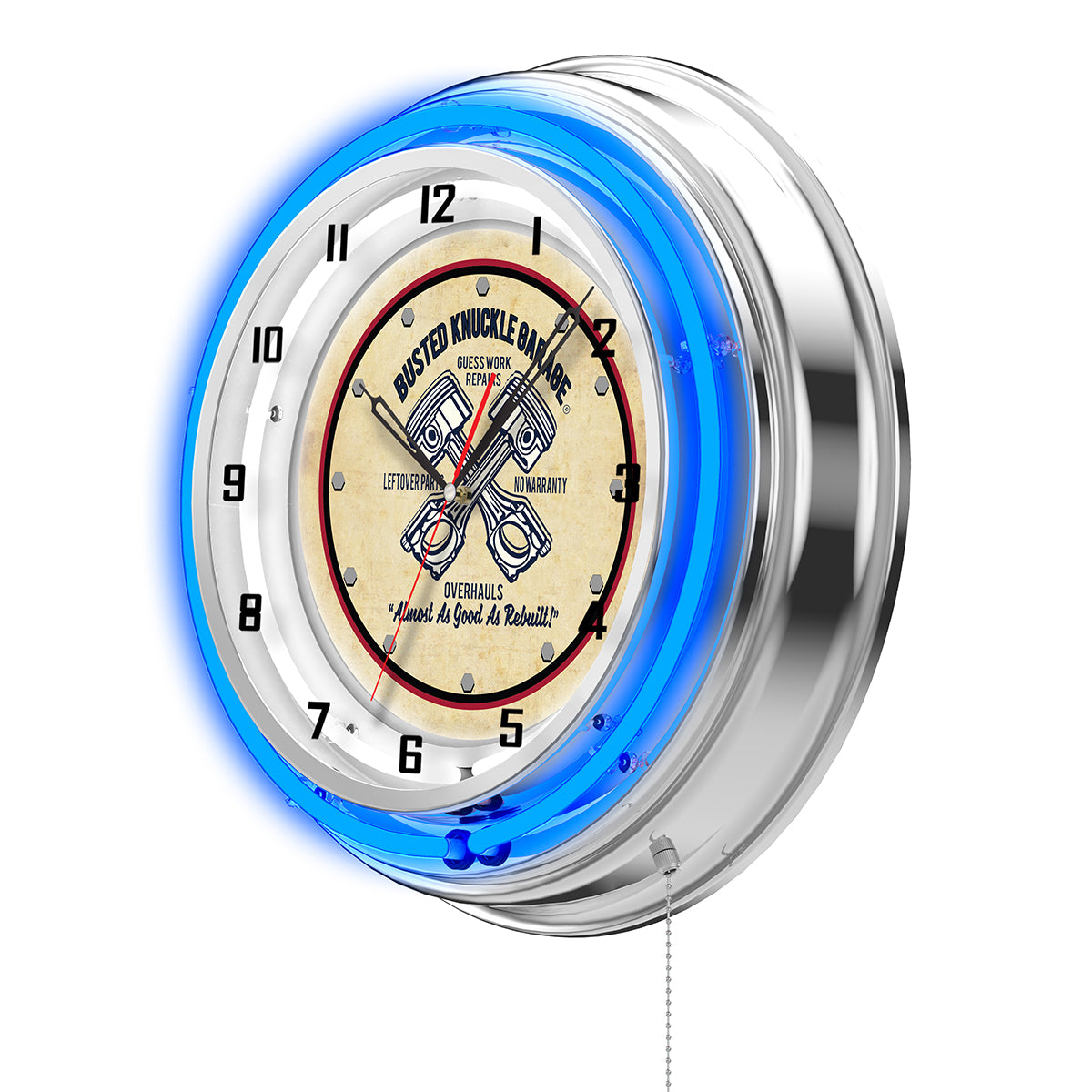 Busted Knuckle Garage Crossed Pistons Shop Clock - Blue Neon