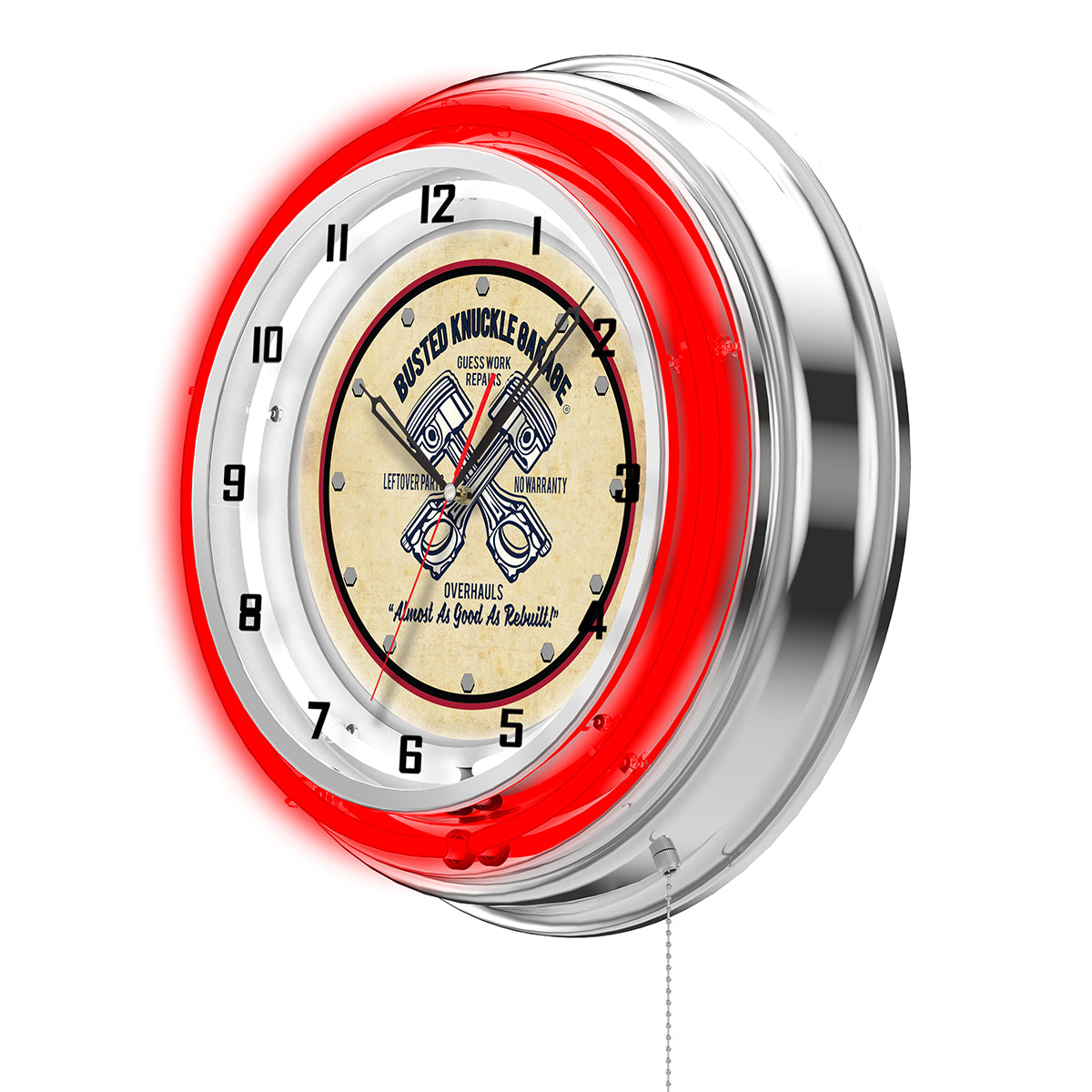 Busted Knuckle Garage Crossed Pistons Shop Clock - Red Neon
