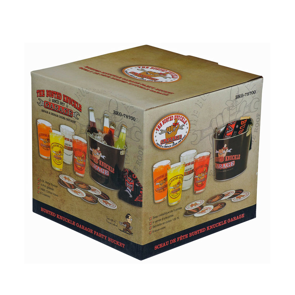 Busted Knuckle Garage Car Guy Party Bucket Set with Pub Glasses &amp; Coasters