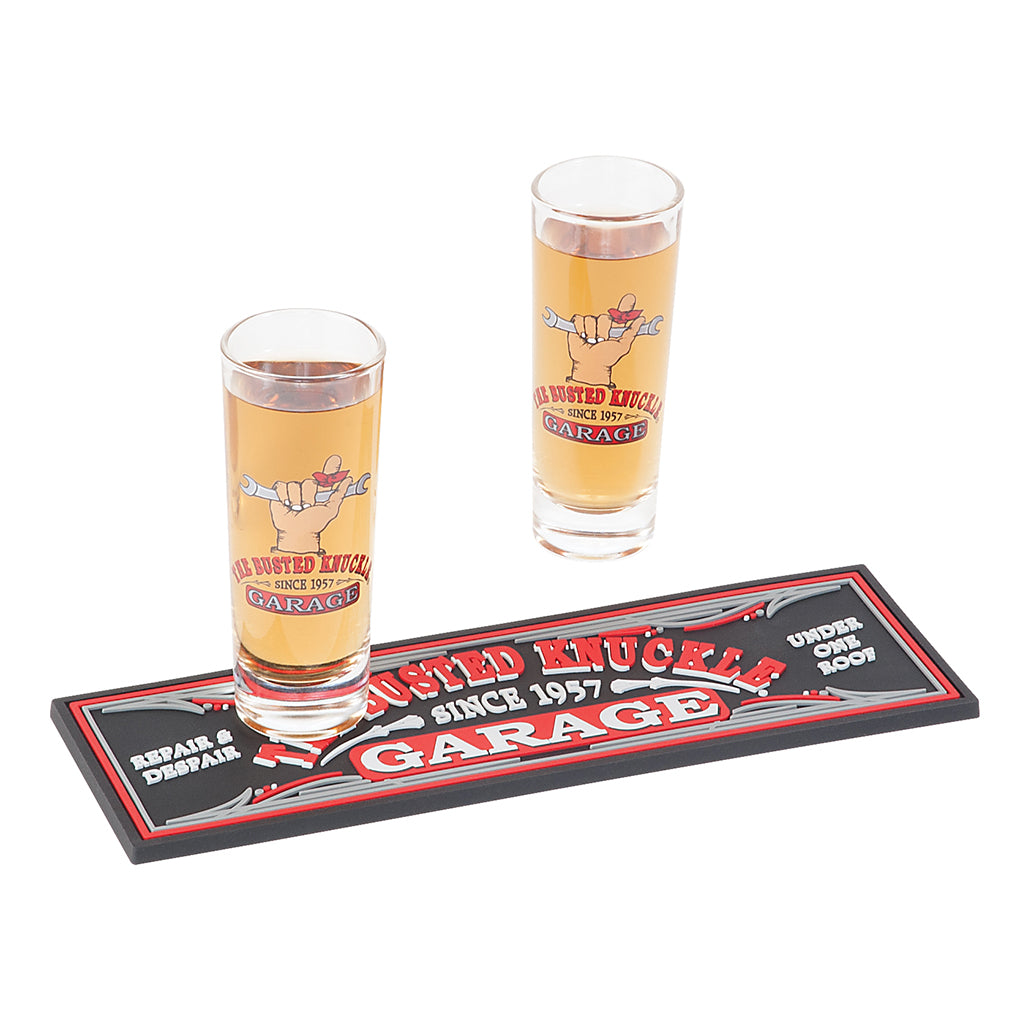 Busted Knuckle Garage Car Guy Shot Glass Gift Set with Rubber Mat
